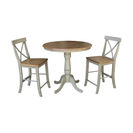 International Concepts Round 36 in Rd Extension Dining Table, 2 X-back Counter Ht Stools, Hickory/Stone, 36 W, 48 L, Wood K41-36RXT-6B-S6132-2